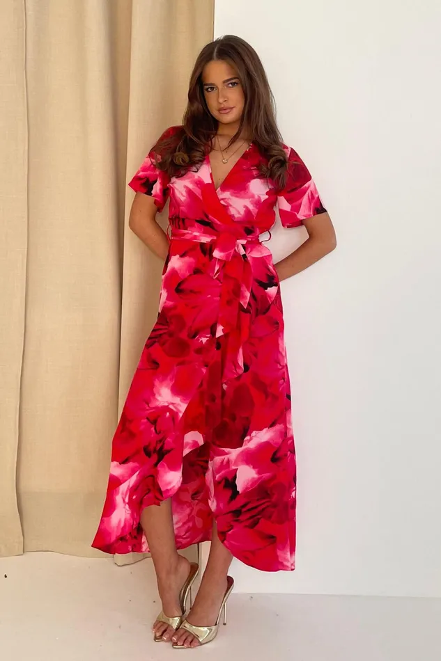 Farrah Pink Floral Frill Detail Maxi Dress Women Girl In Mind Midi Dresses