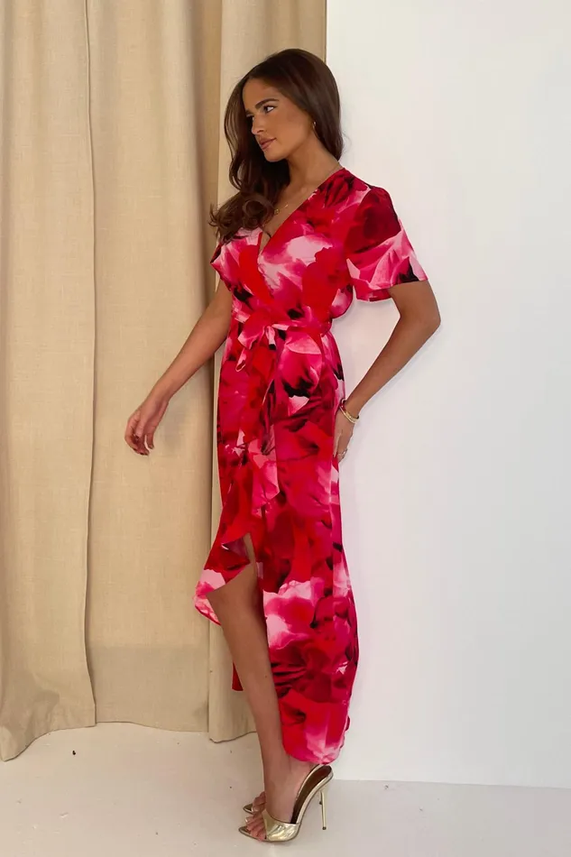 Farrah Pink Floral Frill Detail Maxi Dress Women Girl In Mind Midi Dresses