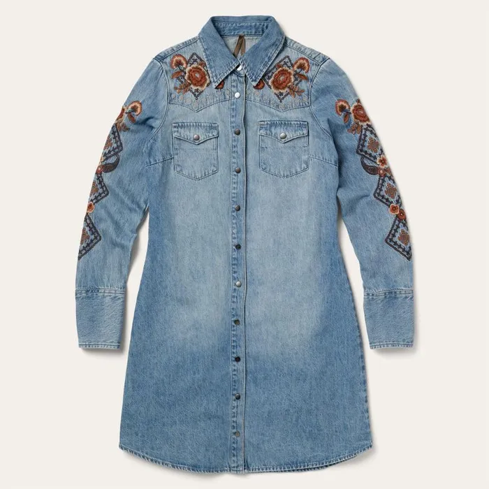 Floral Embroidered Denim Shirt Dress Blue Women Stetson Mini