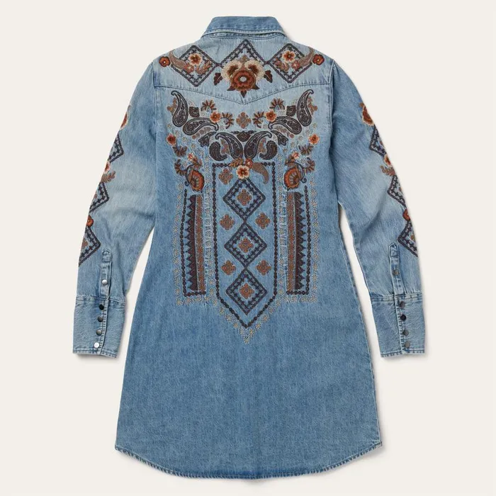 Floral Embroidered Denim Shirt Dress Blue Women Stetson Mini