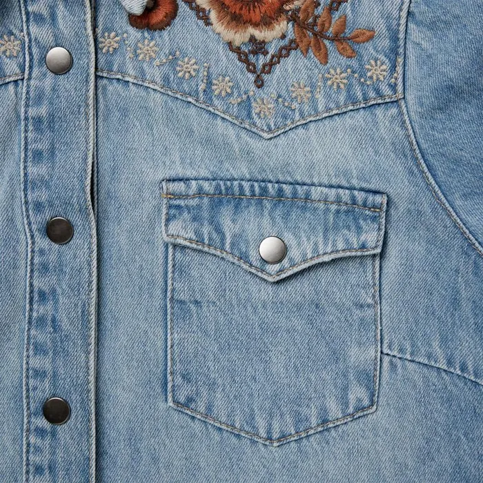 Floral Embroidered Denim Shirt Dress Blue Women Stetson Mini