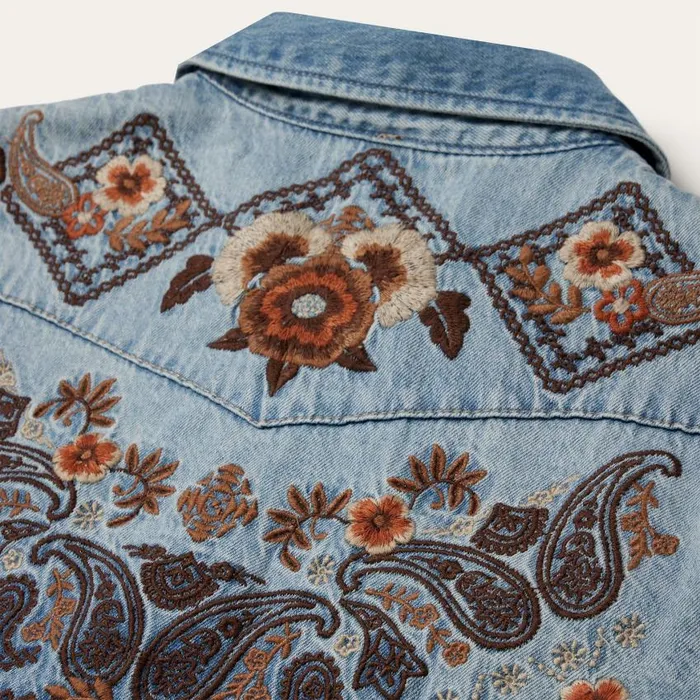 Floral Embroidered Denim Shirt Dress Blue Women Stetson Mini