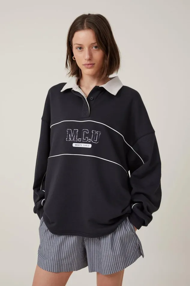 Graphic Oversized Long Sleeve Polo Mcu Washed Black Women Cotton On Tops