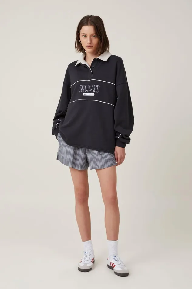 Graphic Oversized Long Sleeve Polo Mcu Washed Black Women Cotton On Tops