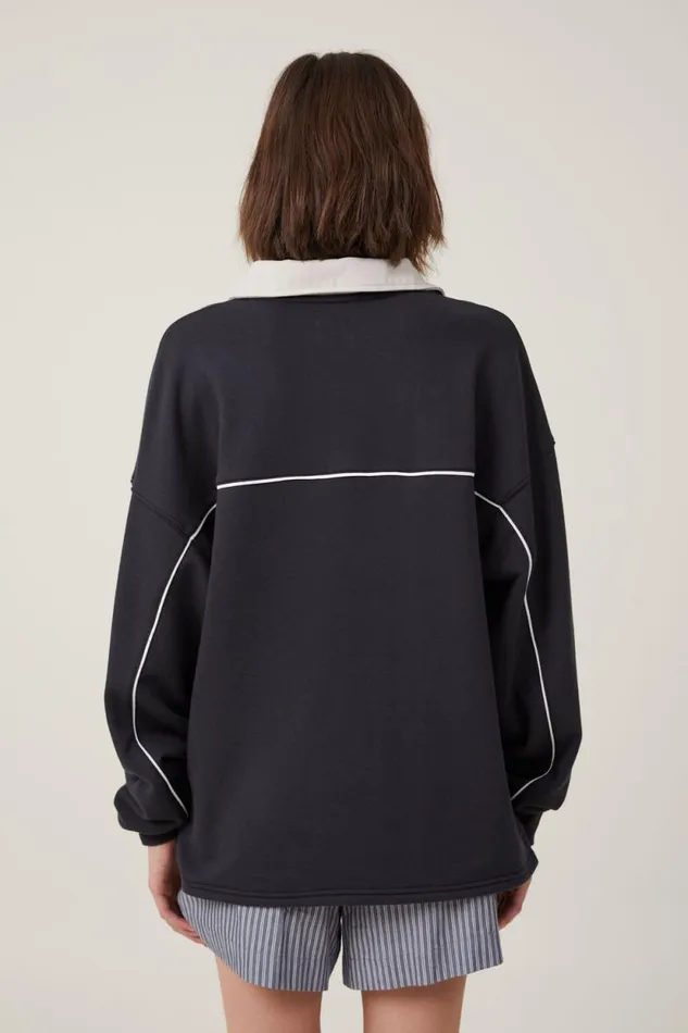 Graphic Oversized Long Sleeve Polo Mcu Washed Black Women Cotton On Tops