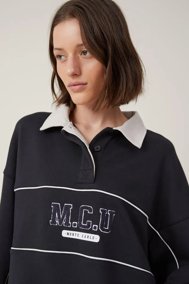 Graphic Oversized Long Sleeve Polo Mcu Washed Black Women Cotton On Tops