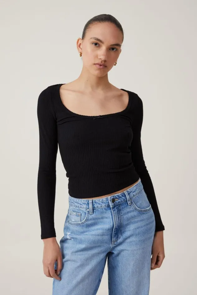 Heidi Picot Trim Long Sleeve Top Black Women Cotton On Tops