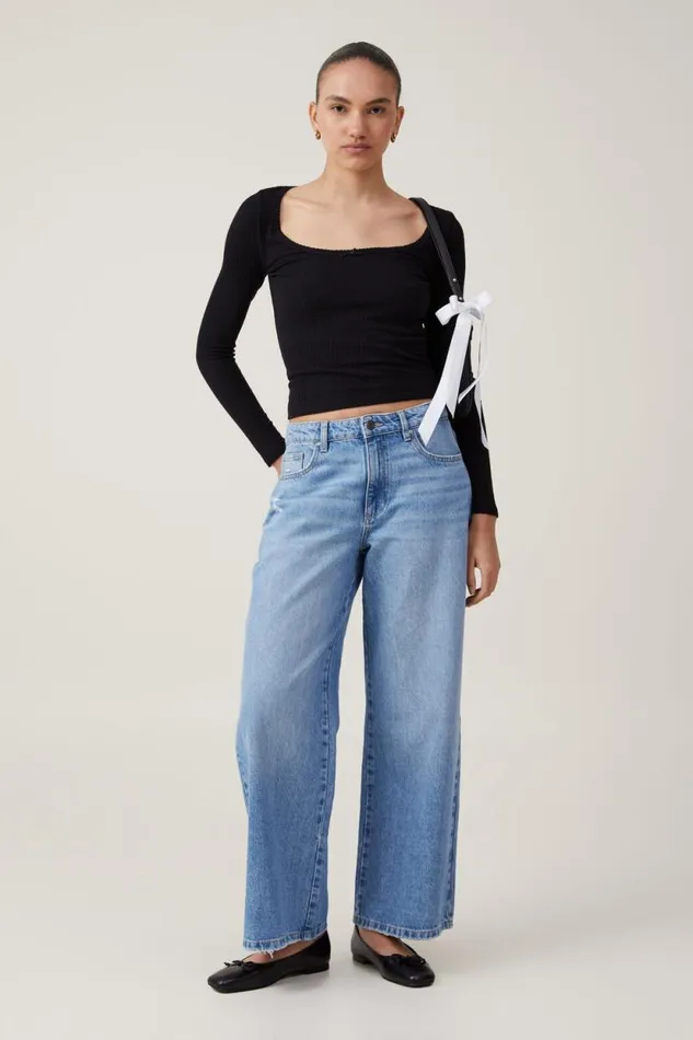 Heidi Picot Trim Long Sleeve Top Black Women Cotton On Tops
