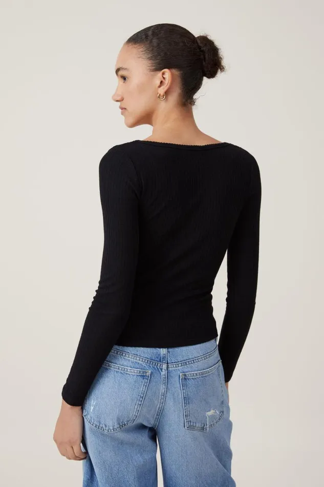 Heidi Picot Trim Long Sleeve Top Black Women Cotton On Tops