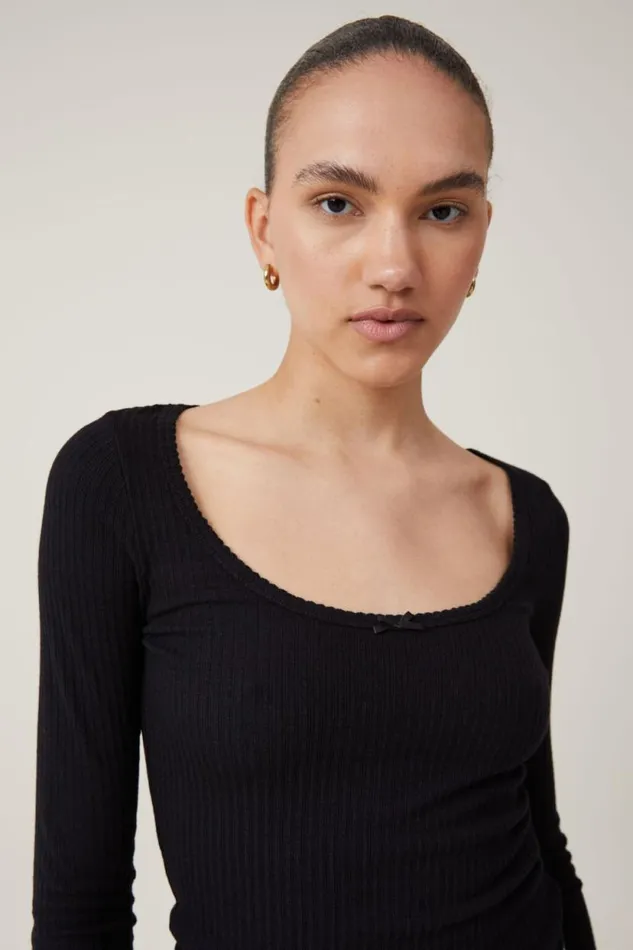 Heidi Picot Trim Long Sleeve Top Black Women Cotton On Tops