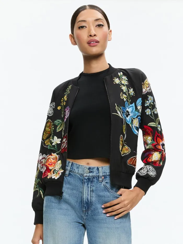 Jackets Coats Women Alice Olivia FELISA EMBELLISHED VARSITY JACKET Le Parisien Black