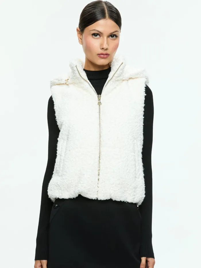 Jackets Coats Women Alice Olivia ROBENA TEDDY PUFFER VEST WITH DETACHABLE HOOD Off White