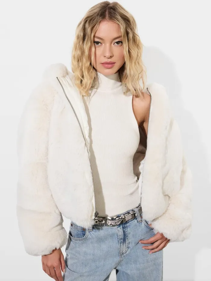 Jackets Coats Women Alice Olivia ROWE CROPPED FAUX FUR BOMBER JACKET WITH HOOD Off White