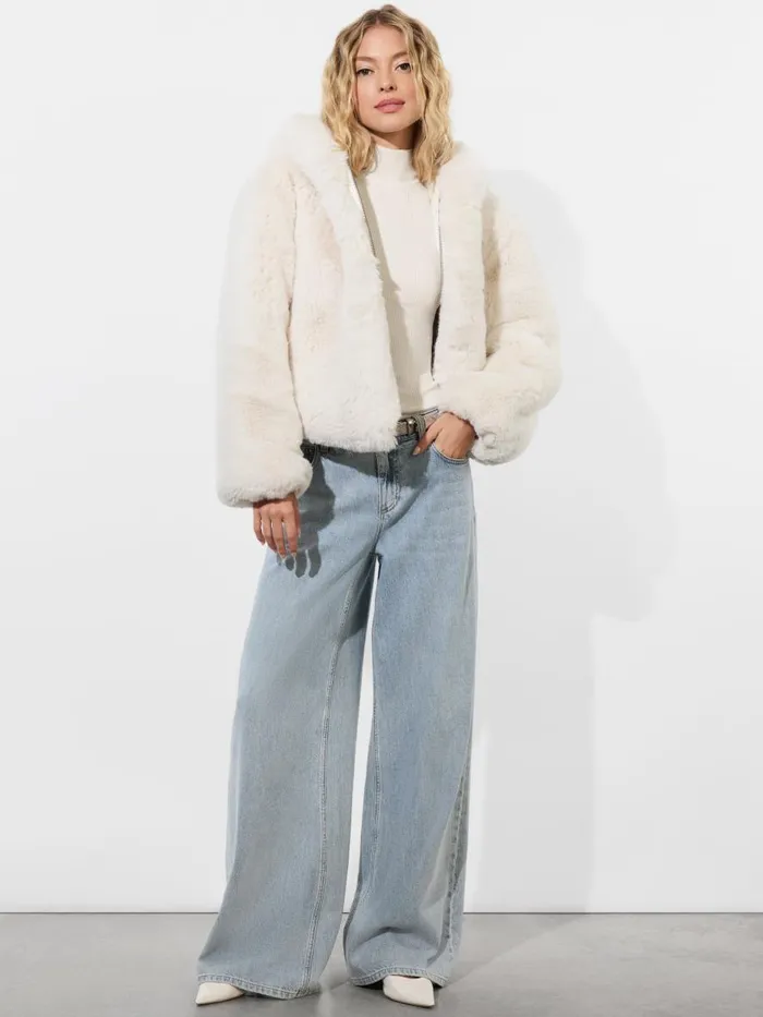 Jackets Coats Women Alice Olivia ROWE CROPPED FAUX FUR BOMBER JACKET WITH HOOD Off White