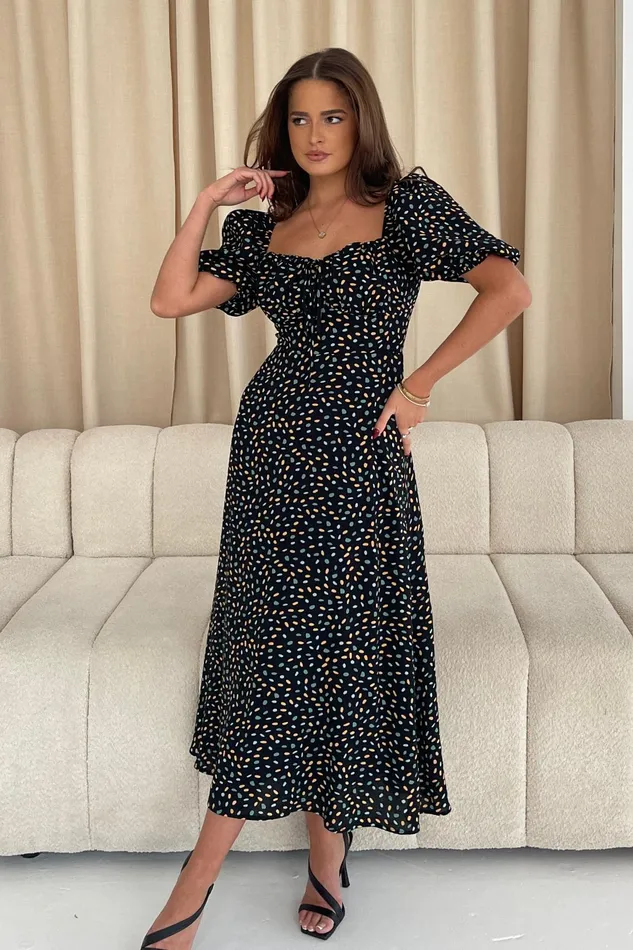Jemima Square Neck Midi Dress Black Multi Women Girl In Mind Midi Dresses