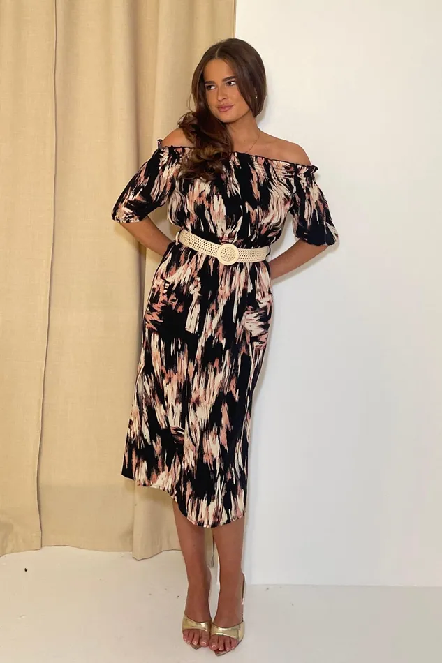 Jordana Off The Shoulder Midi Dress Brown Abstract Women Girl In Mind Midi Dresses
