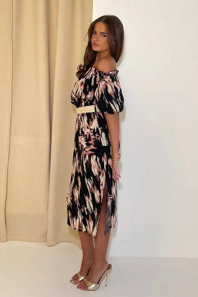 Jordana Off The Shoulder Midi Dress Brown Abstract Women Girl In Mind Midi Dresses