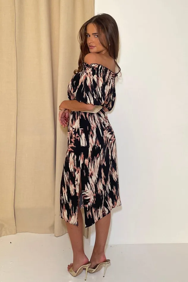 Jordana Off The Shoulder Midi Dress Brown Abstract Women Girl In Mind Midi Dresses