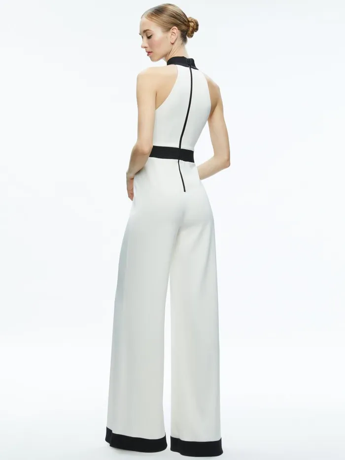 Jumpsuits Rompers Women Alice Olivia CATALINE HIGH NECK WIDE LEG JUMPSUIT Off Whiteblack