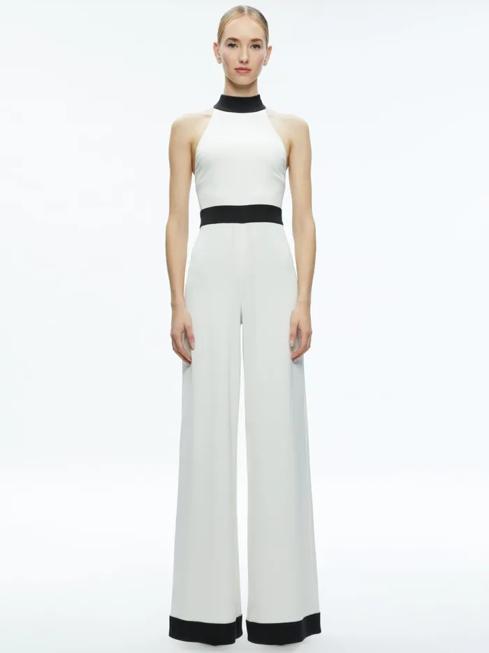 Jumpsuits Rompers Women Alice Olivia CATALINE HIGH NECK WIDE LEG JUMPSUIT Off Whiteblack