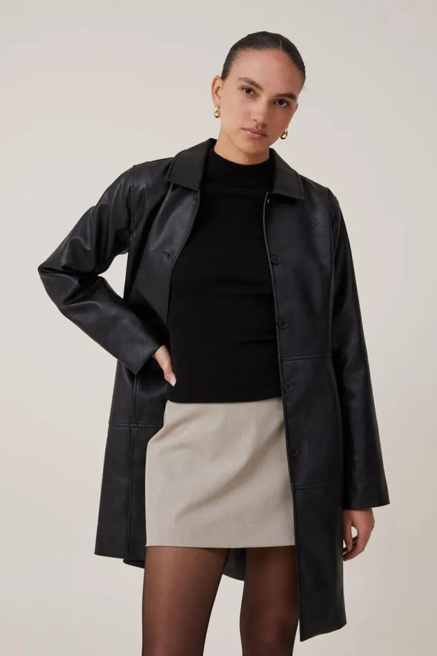 Kennedy Faux Leather Longline Jacket Black Women Cotton On Jackets