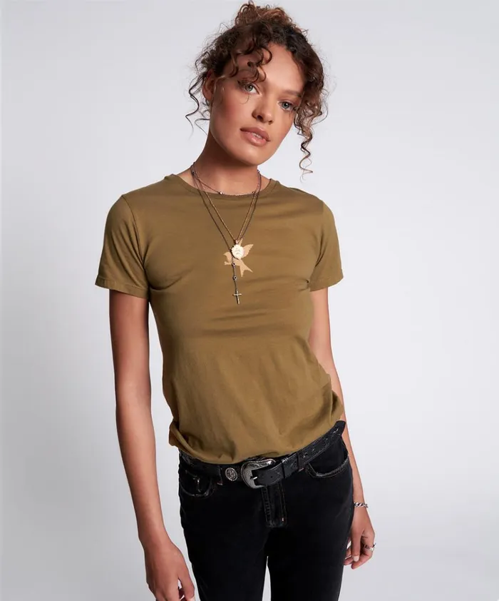 KHAKI BOWER BIRD ORGANIC FITTED TEE Women One Teaspoon Basic Tees