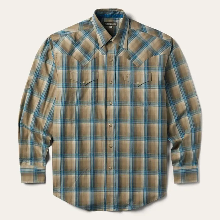 Khaki Ombre Plaid Shirt Khaki Ombre Plaid Shirt Men Stetson Modern Cut
