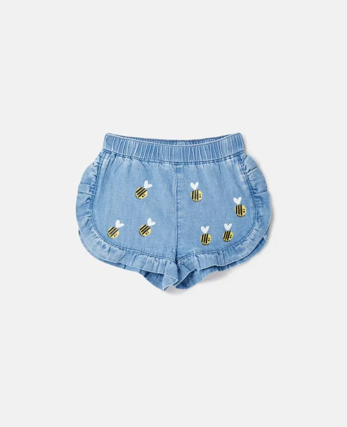 Kids Baby Girls Stella McCartney Bumblebee Embroidery Denim Shorts Blue