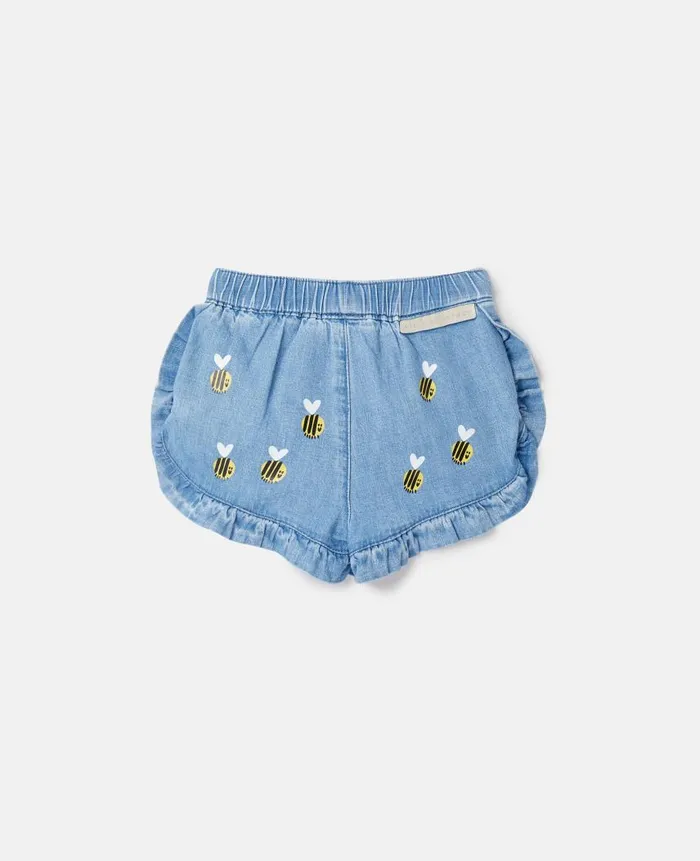 Kids Baby Girls Stella McCartney Bumblebee Embroidery Denim Shorts Blue
