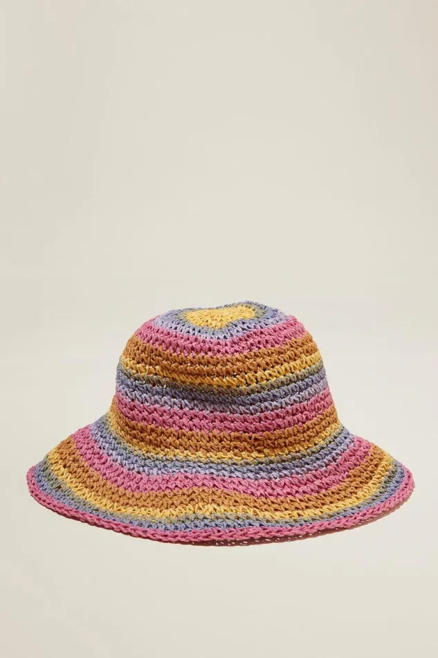 Kids Crochet Bucket Hat Rainbow Stripe Girls Cotton On Hats and Beanies