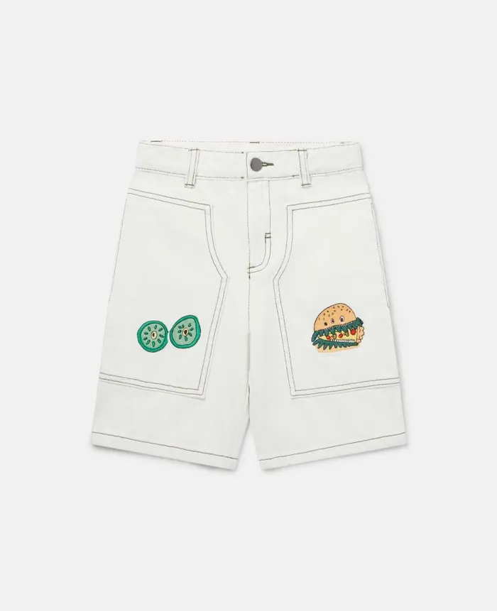 Kids Pants and Shorts Stella McCartney Veggie Embroidery Denim Shorts White