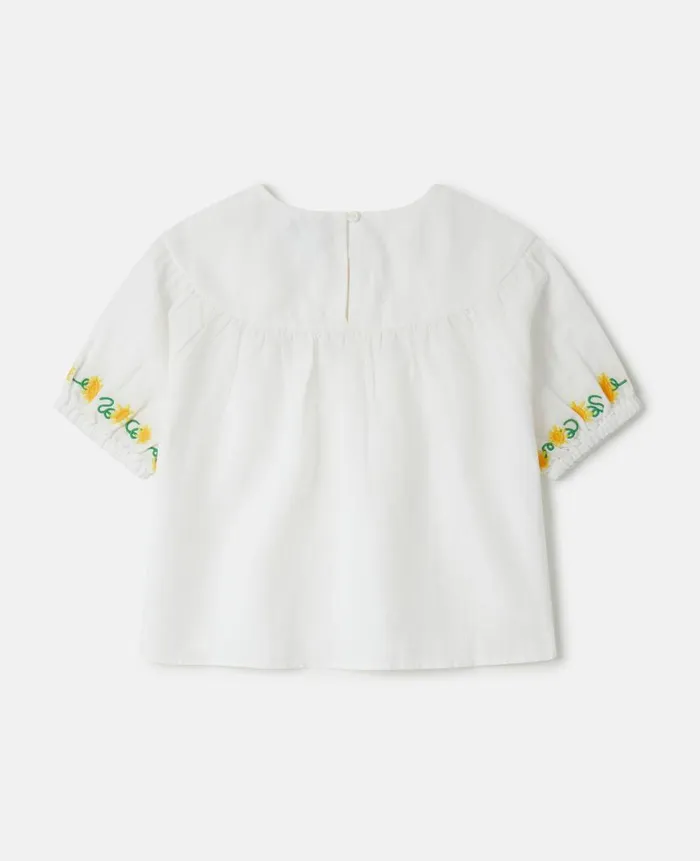 Kids TShirts And Tops Stella McCartney Flower Embroidery Puff Sleeve Top White