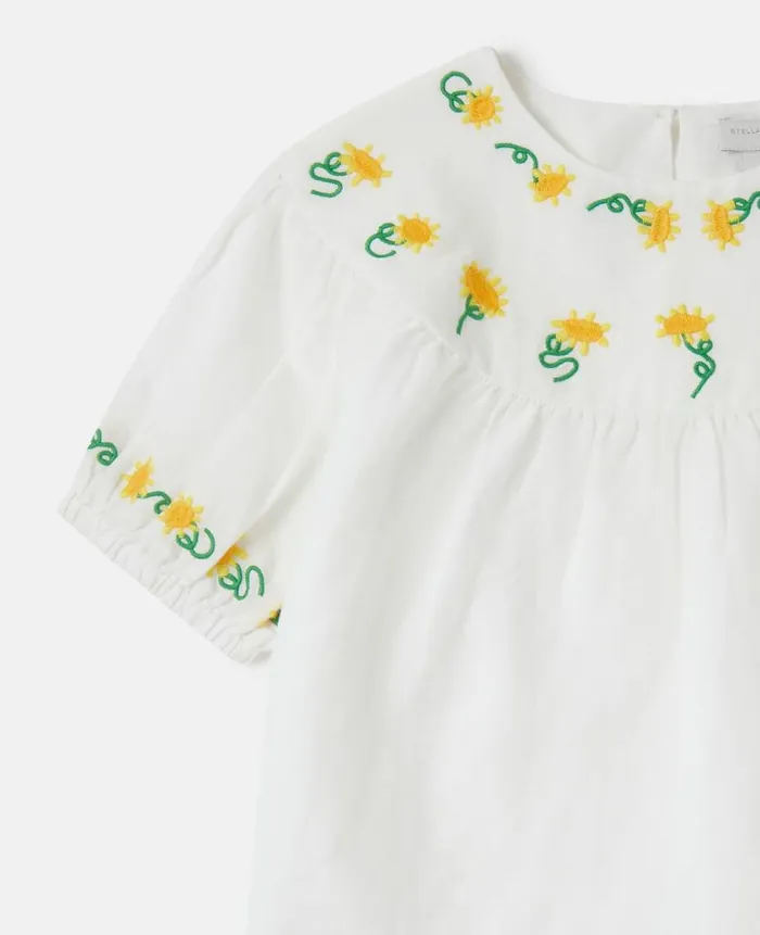 Kids TShirts And Tops Stella McCartney Flower Embroidery Puff Sleeve Top White