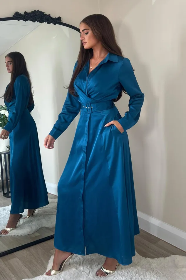 Kira Wrap Detail Maxi Shirt Dress In Petrol Blue Women Girl In Mind Maxi Dresses