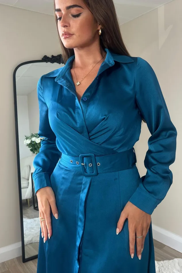 Kira Wrap Detail Maxi Shirt Dress In Petrol Blue Women Girl In Mind Maxi Dresses
