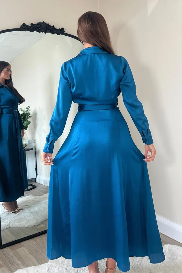 Kira Wrap Detail Maxi Shirt Dress In Petrol Blue Women Girl In Mind Maxi Dresses