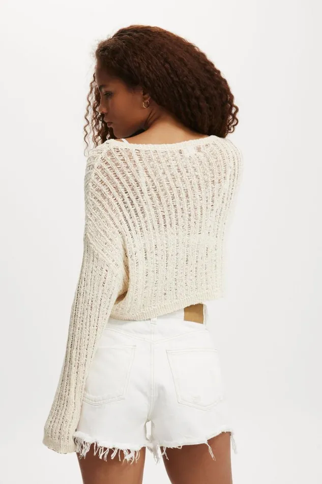 Ladder Knit Crop Pullover Ecru Women Cotton On Tops