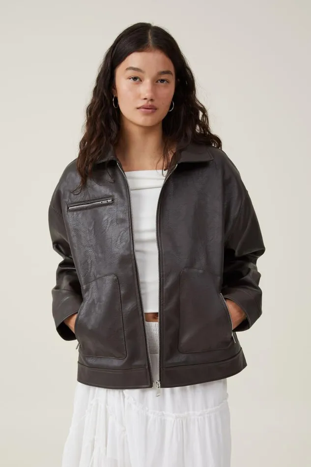 Leo Faux Leather Jacket Brown Women Cotton On Jackets