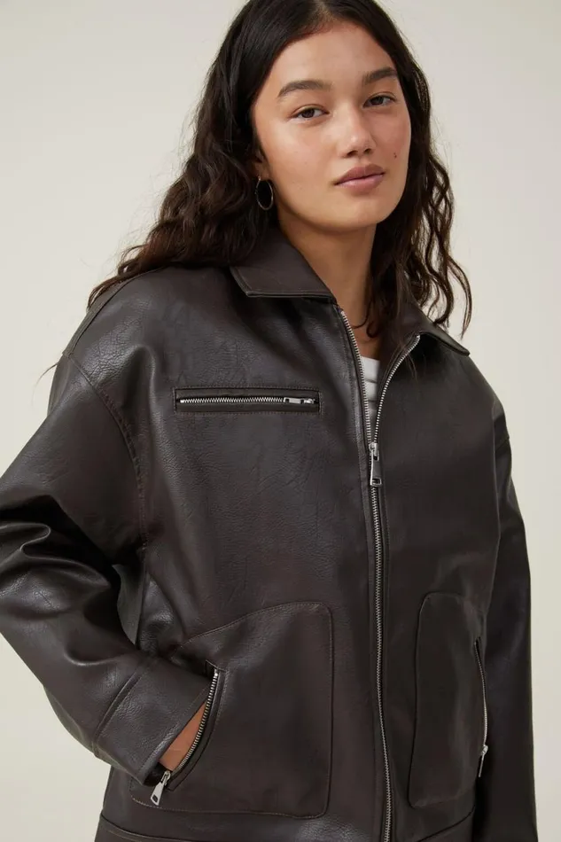 Leo Faux Leather Jacket Brown Women Cotton On Jackets