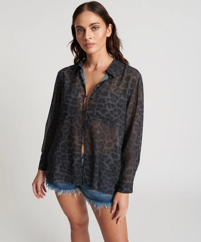LEOPARD CHIFFON LONGLINE SHIRT Women One Teaspoon Shirts LEOPARD CHIFFON LONGLINE SHIRT Women One Teaspoon Shirts