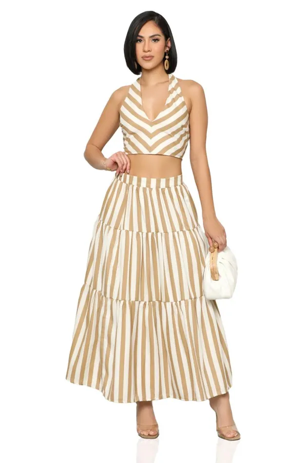Lilly039s Kloset Sets Women Beach Flow Stripe Skirt Set Tan Multi