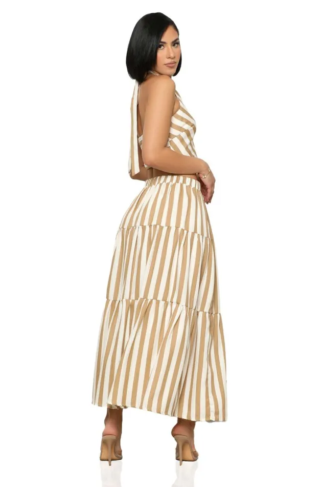 Lilly039s Kloset Sets Women Beach Flow Stripe Skirt Set Tan Multi