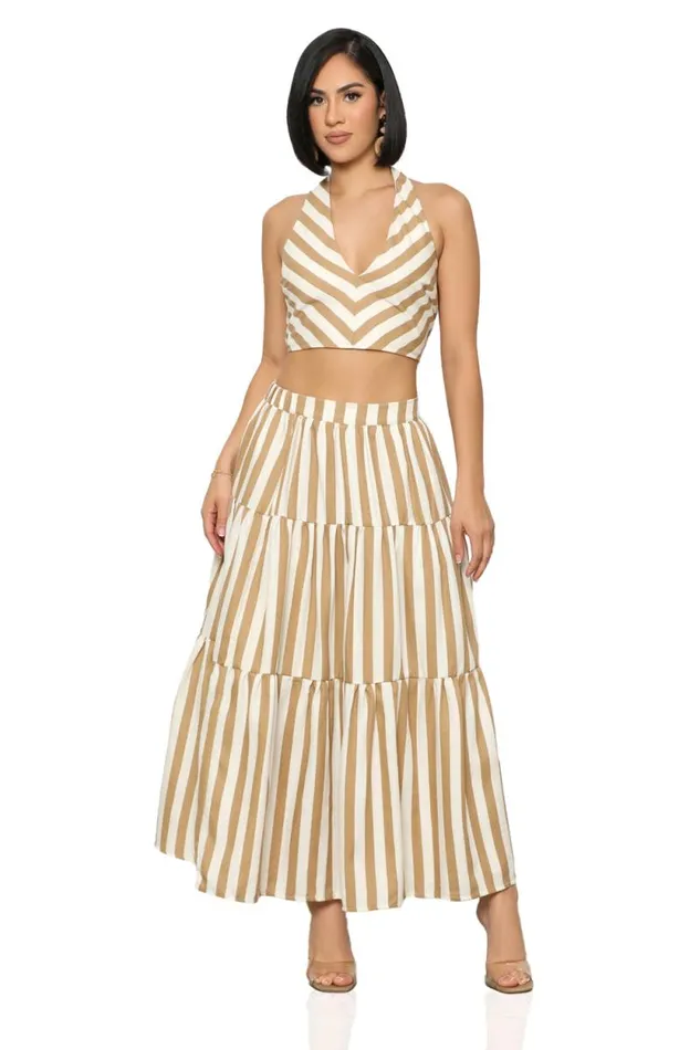 Lilly039s Kloset Sets Women Beach Flow Stripe Skirt Set Tan Multi