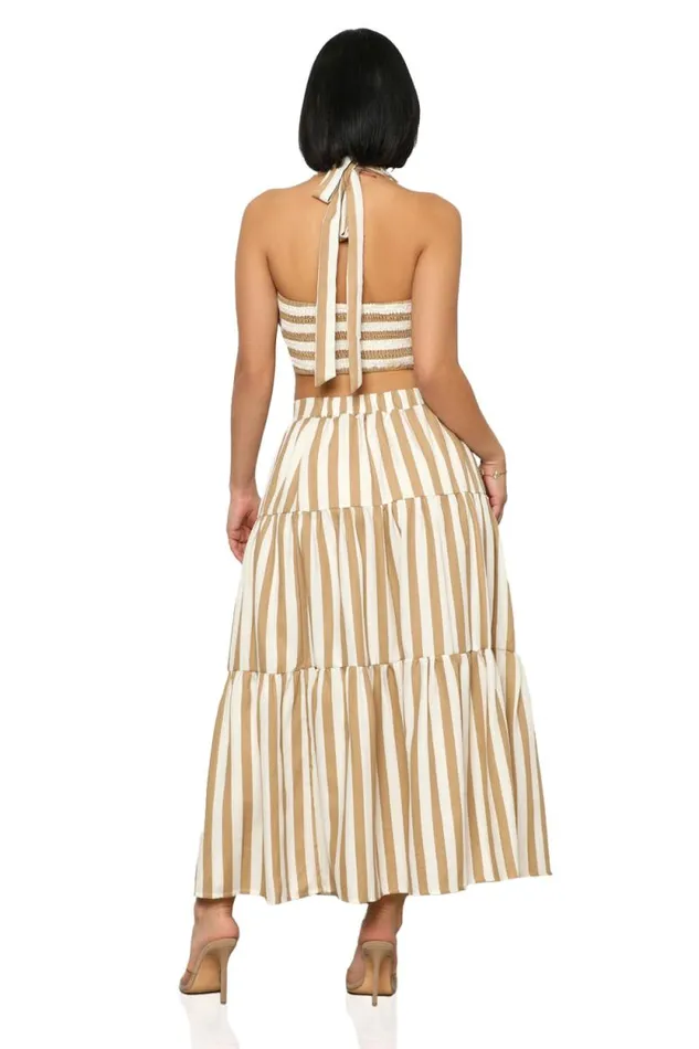 Lilly039s Kloset Sets Women Beach Flow Stripe Skirt Set Tan Multi