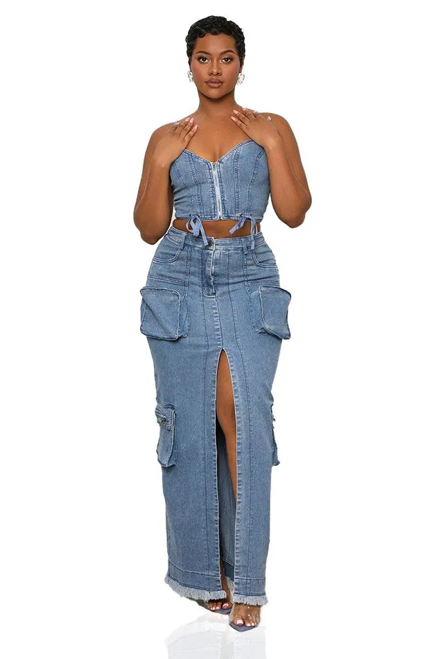 Lilly039s Kloset Sets Women Denim Oasis Cargo Skirt Set FINAL SALE