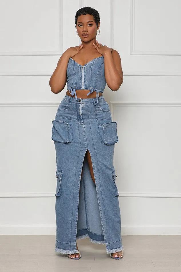 Lilly039s Kloset Sets Women Denim Oasis Cargo Skirt Set FINAL SALE