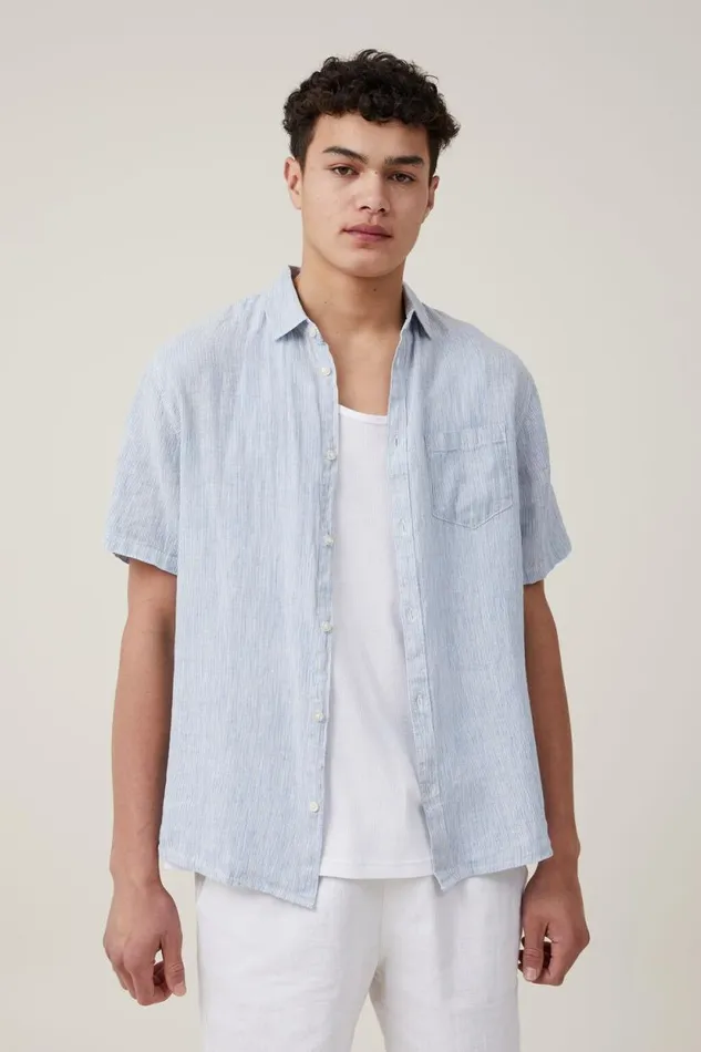 Linen Short Sleeve Shirt Micro Blue Stripe Men Cotton On Shirts and Polos