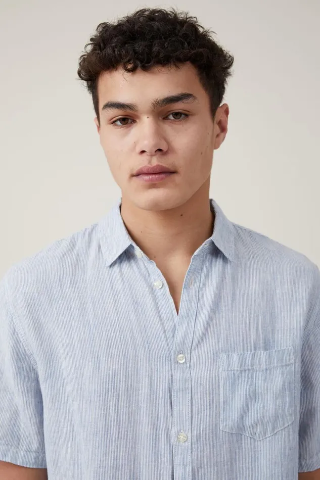 Linen Short Sleeve Shirt Micro Blue Stripe Men Cotton On Shirts and Polos Linen Short Sleeve Shirt Micro Blue Stripe Men Cotton On Shirts and Polos