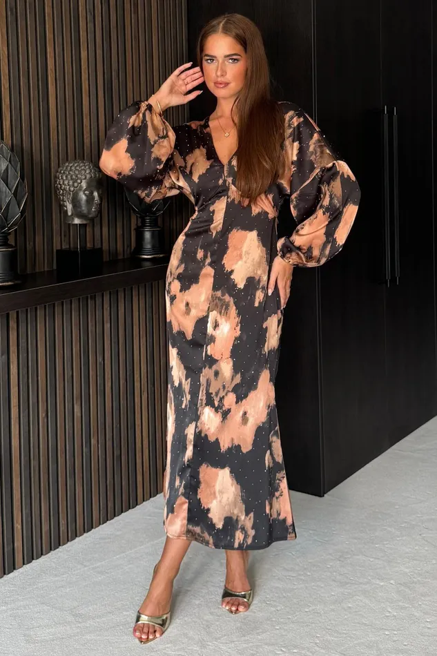London V Neck Long Sleeve Maxi Dress In Brown Abstarct Sparkle Women Girl In Mind CoOrds London V Neck Long Sleeve Maxi Dress In Brown Abstarct Sparkle Women Girl In Mind CoOrds
