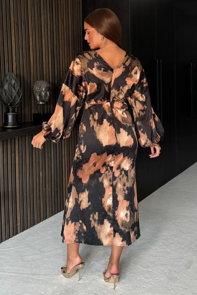 London V Neck Long Sleeve Maxi Dress In Brown Abstarct Sparkle Women Girl In Mind CoOrds